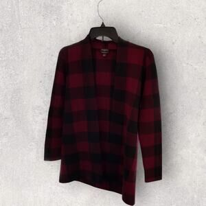 Ellen Tracy Petite Small Merino Wool Buffalo Plaid Open Front Cardigan